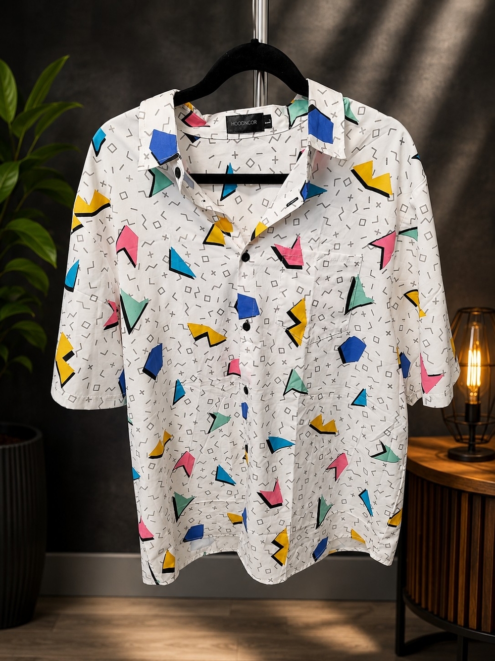 Retro 90s Style Short-Sleeve Button-Down Shirt with Multi-Color Geometric Print